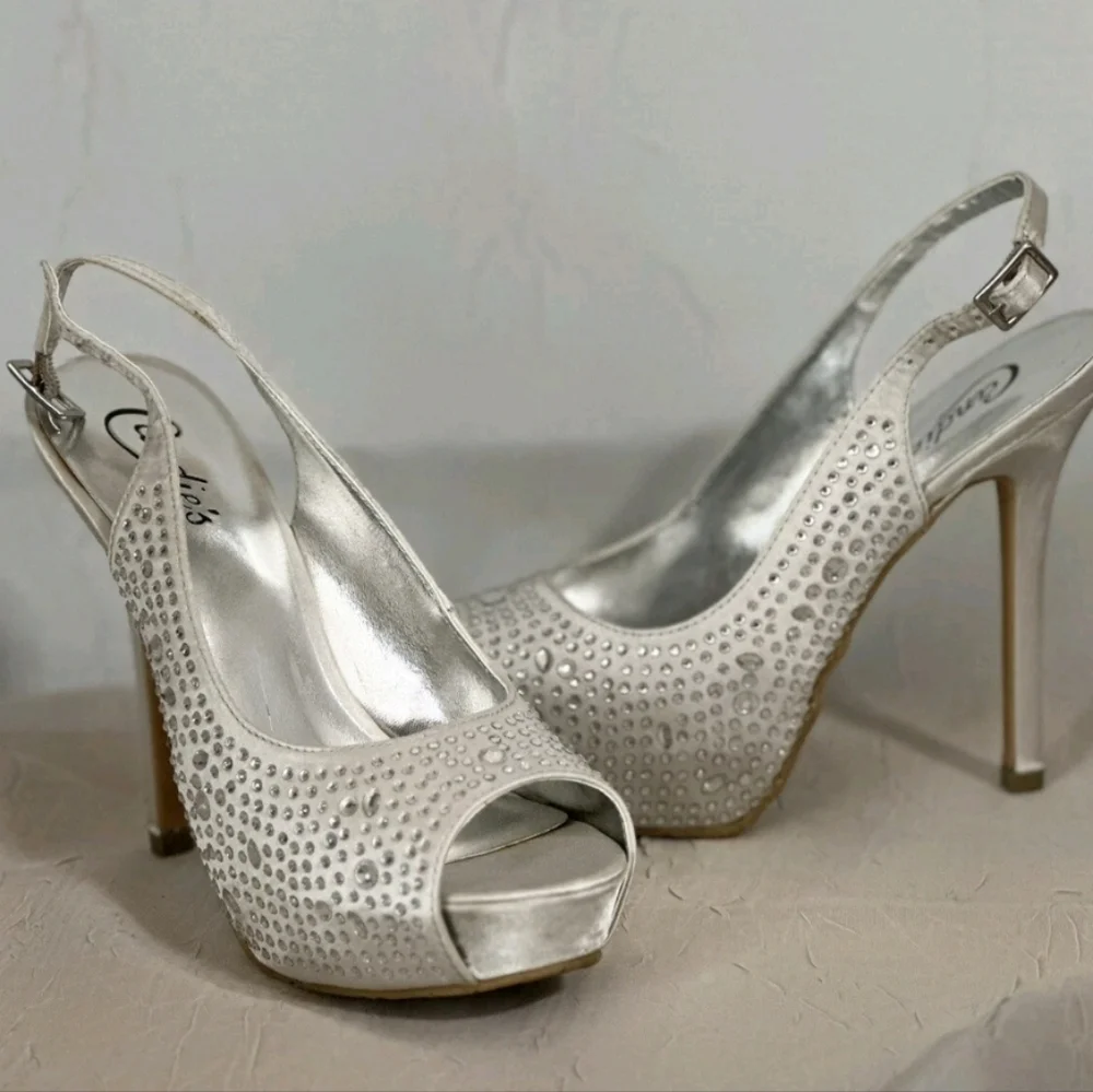 Candie's Rhinestones Embellished Open Toe Sling Back Stilletoes Silver 8.5M